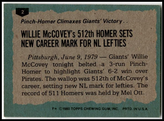 1980 Topps #2 Willie McCovey San Francisco Giants