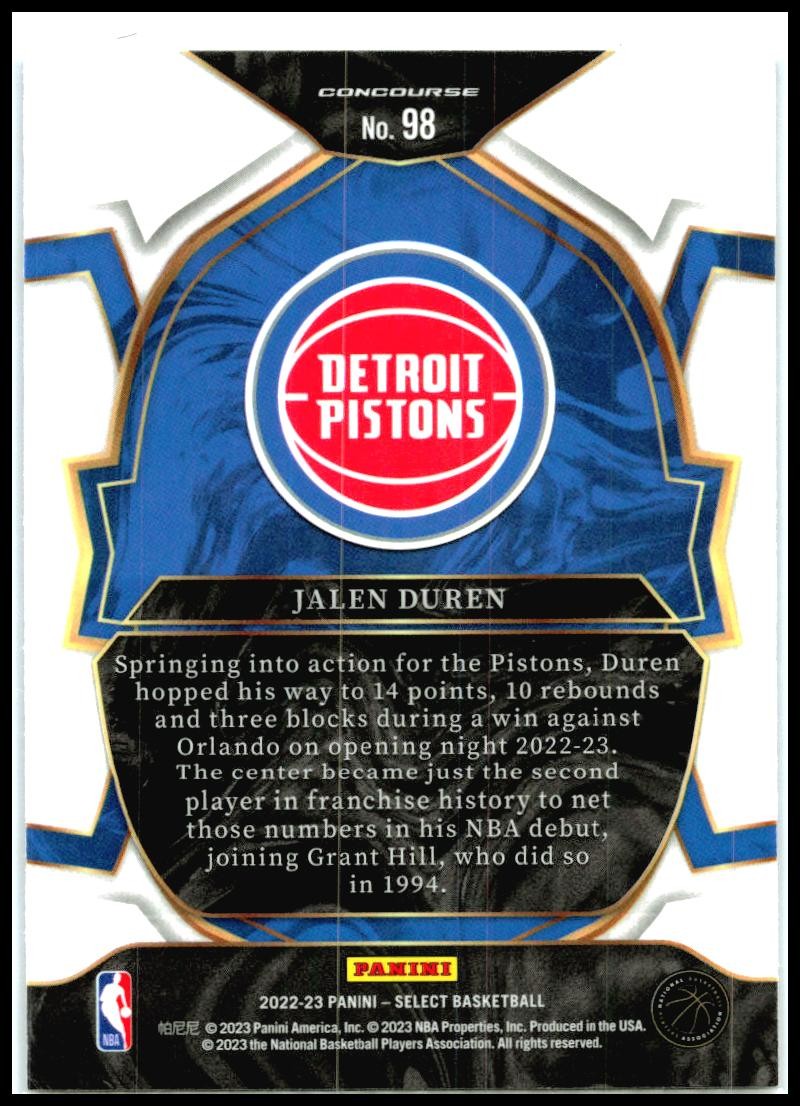 2022-23 Panini Select Blue #98 Jalen Duren Rookie Detroit Pistons