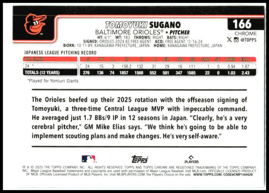 2025 Topps Chrome #166 Tomoyuki Sugano Rookie Baltimore Orioles