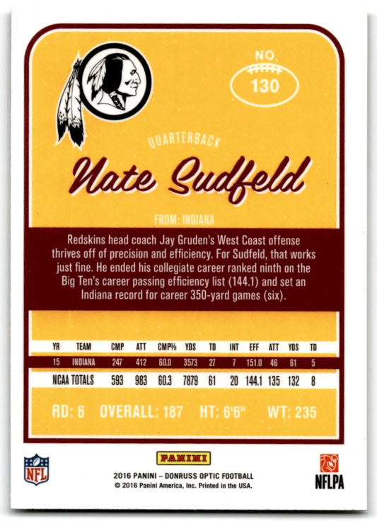 2016 Panini Donruss Optic Nate Sudfeld Rookie Washington Redskins #130