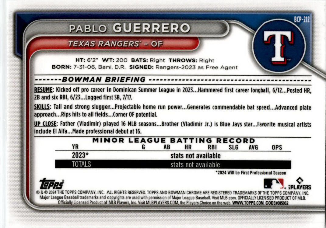 2024 Bowman Chrome #BCP-212 Pablo Gerrero Texas Ranger