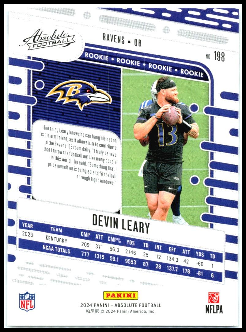 2024 Panini Absolute Retail #198 Devin Leary Rookie Baltimore Ravens
