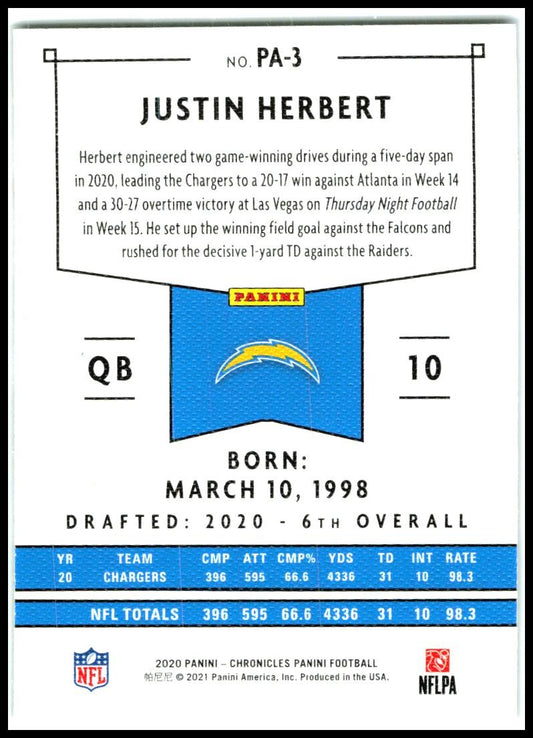 2020 Panini Chronicles Panini #PA-3 Justin Herbert Los Angeles Chargers