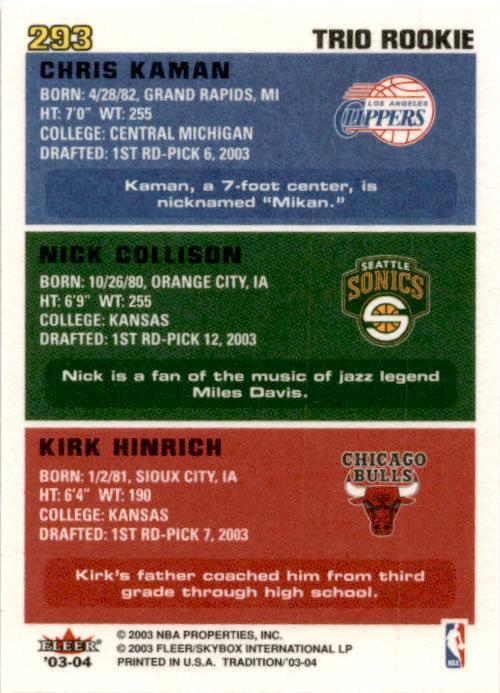 2003-04 Fleer Tradition Draft Day Rookie #293 Kirk Hinrich / Collison / Kaman