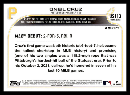 2022 Topps Update #US113 Oneil Cruz