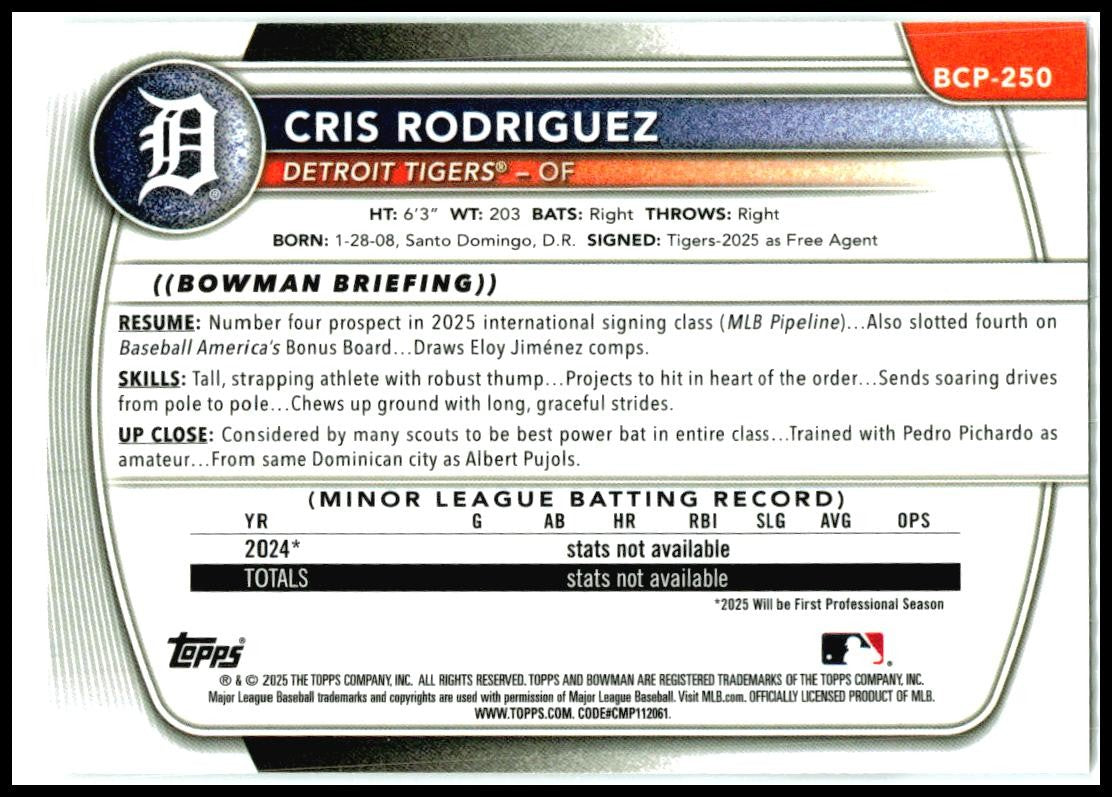 2025 Bowman Chrome Bowman Chrome Prospects #BCP-250 Cris Rodriguez Tigers