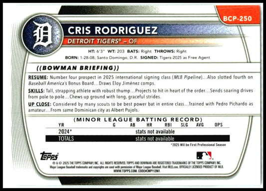 2025 Bowman Chrome Bowman Chrome Prospects #BCP-250 Cris Rodriguez Tigers