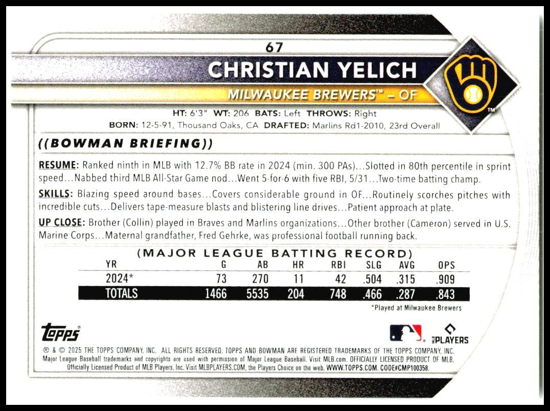 2025 Bowman #67 Christian Yelich Milwaukee Brewers