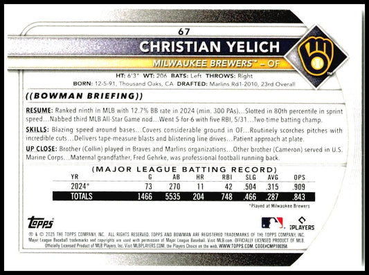 2025 Bowman #67 Christian Yelich Milwaukee Brewers