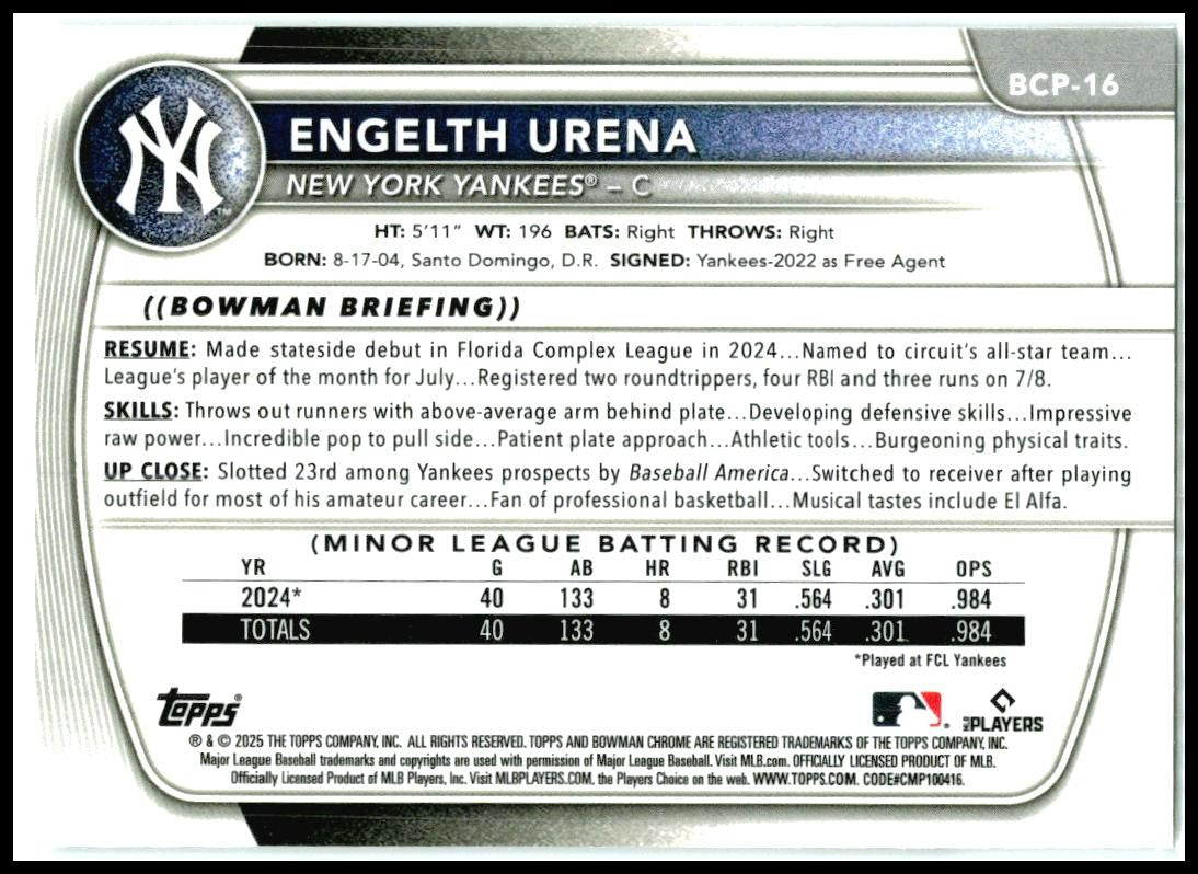 2025 Bowman Chrome Prospects #BCP-16 Engelth Urena New York Yankees