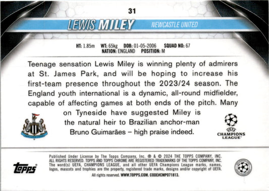 2023-24 Topps Chrome UEFA #31 Lewis Miley Rookie Newcastle United