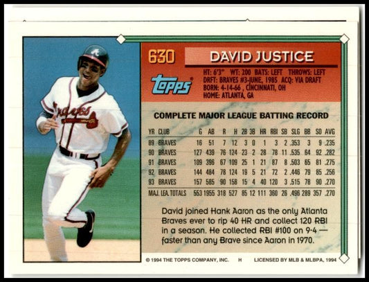 1994 Topps #630 David Justice Atlanta Braves