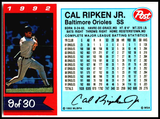 1992 Post Cereal #9 Cal Ripken Jr. Baltimore Orioles