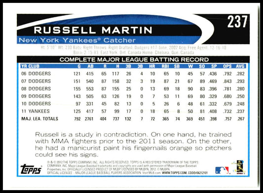 2012 Topps Gold Sparkle #237 Russell Martin New York Yankees