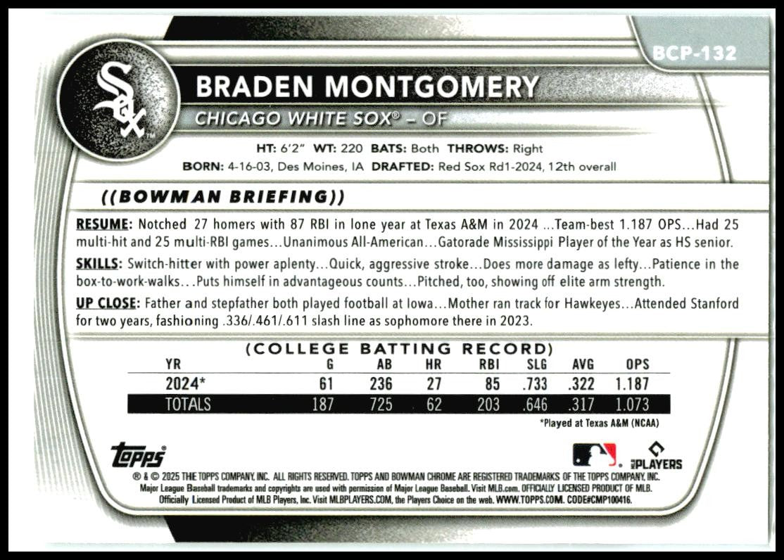 2025 Bowman Chrome Prospects #BCP-132 Braden Montgomery Chicago White Sox