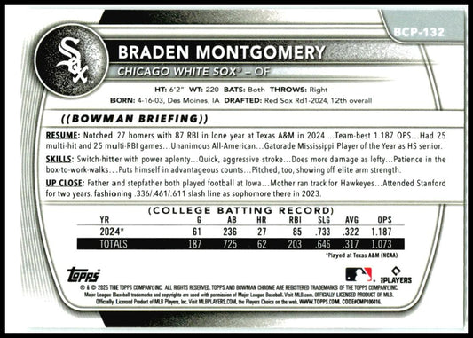 2025 Bowman Chrome Prospects #BCP-132 Braden Montgomery Chicago White Sox