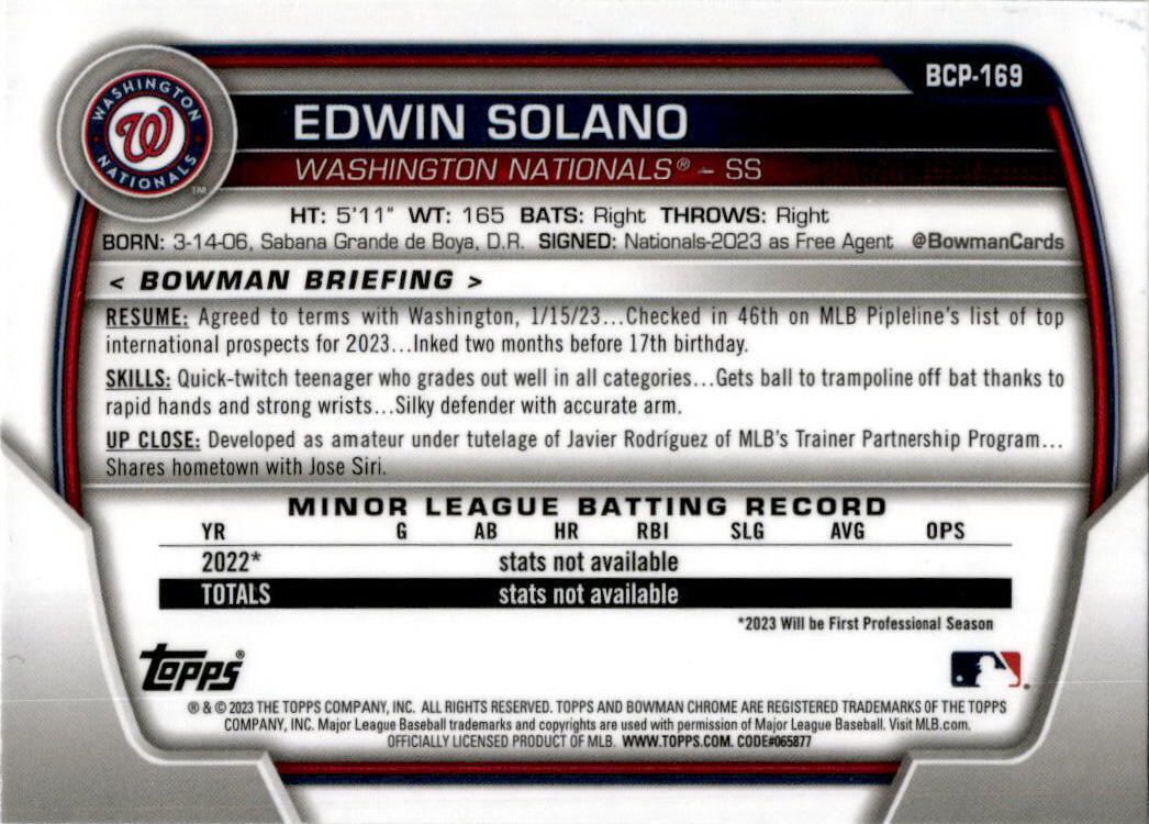 2023  Bowman Chrome #BCP-169 Edwin Solano Washington Nationals
