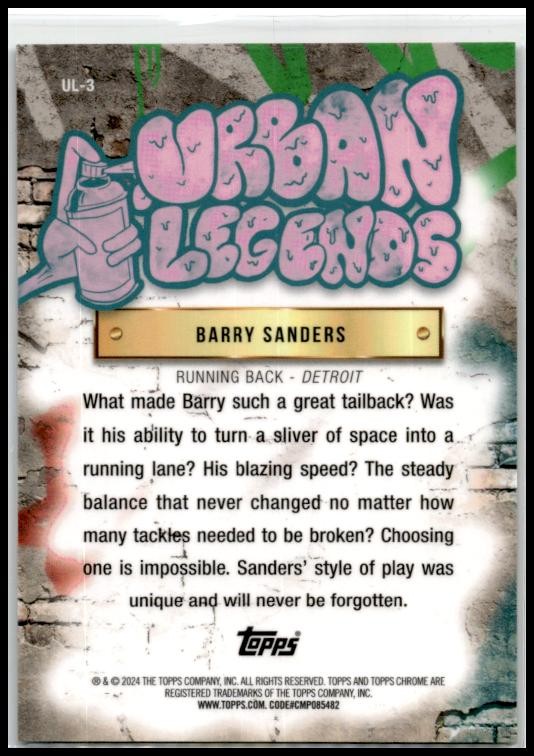 2024 Topps Chrome Urban Legends #UL-3 Barry Sanders Detroit Lions