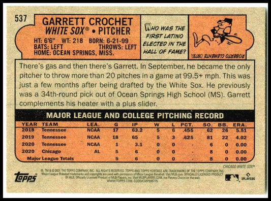 2021 Topps Heritage #537 Garrett Crochet Rookie Chicago White Sox
