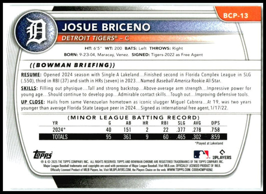 2025 Bowman Chrome Prospects Mojo Refractor #BCP-13 Josue Briceno Detroit Tigers