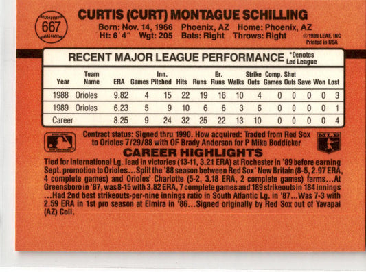 1990 Donruss #667a Curt Schilling Baltimore Orioles