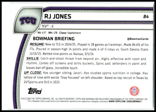 2024-25 Bowman University Chrome Purple Lava Refractor #84 RJ Jones TCU
