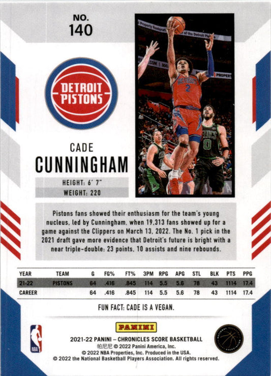 2021-22 Panini Chronicles #140 Cade Cunningham Detroit Pistons
