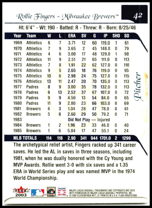 2003 Flair Greats #42 Rollie Fingers Milwaukee Brewers
