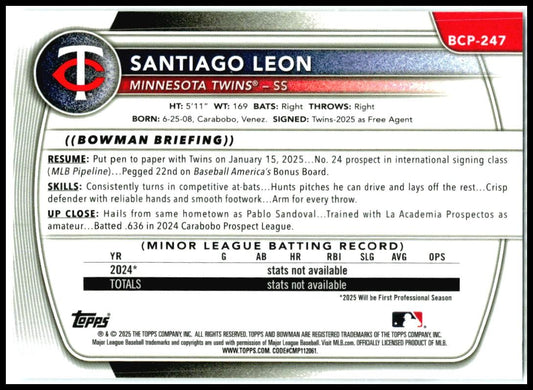 2025 Bowman Chrome #BCP-247 Santiago Leon Minnesota Twins