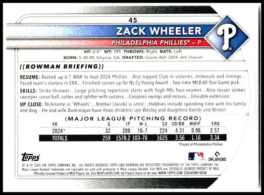 2025 Bowman #45 Zack Wheeler Philadelphia Phillies