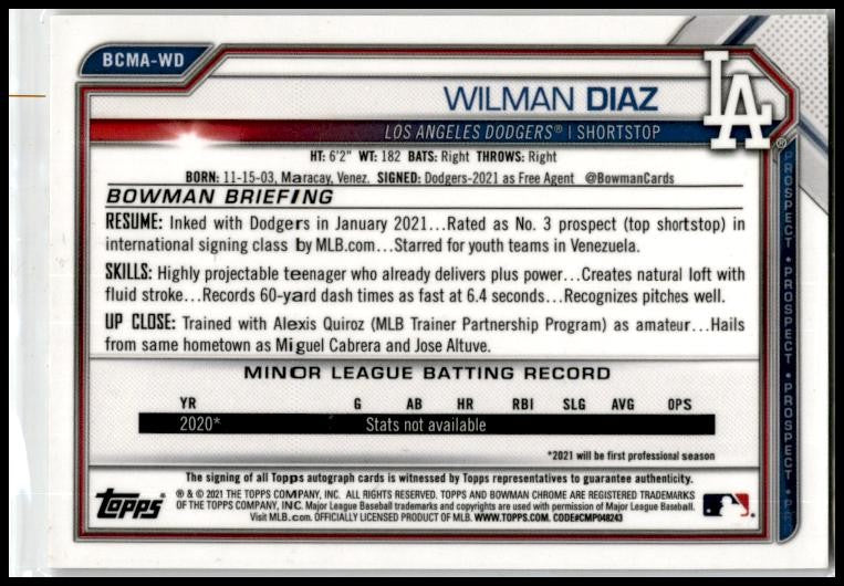 2021 Bowman Chrome Auto Mojo Refractor #BCMA-WD Wilman Diaz Auto Dodgers