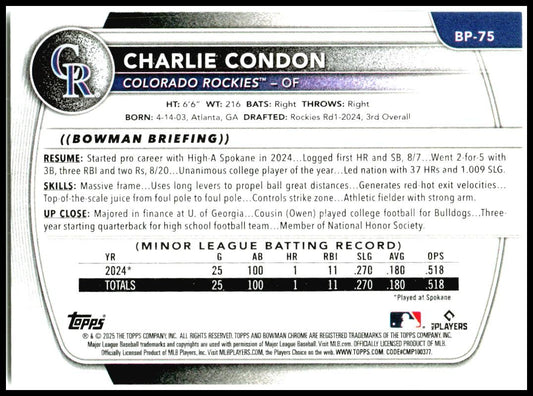 2025 Bowman Prospects #BP-75 Charlie Condon Colorado Rockies