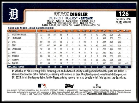 2025 Topps #126 Dillon Dingler Detroit Tigers
