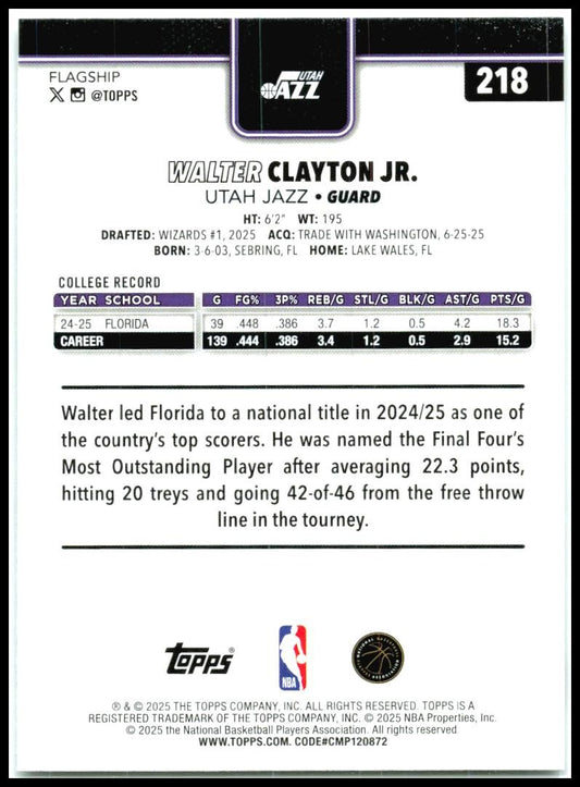 2025-26 Topps Sandglitter #218 Walter Clayton Jr. Rookie Utah Jazz