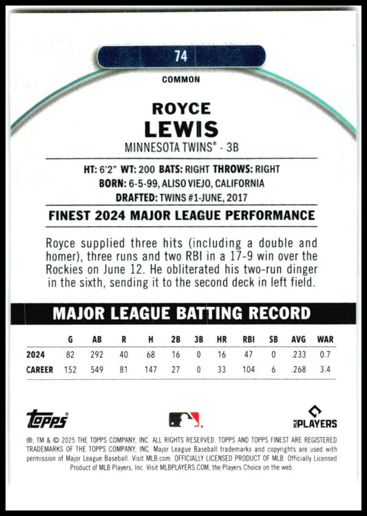 2025 Topps Finest #74 Royce Lewis Twins