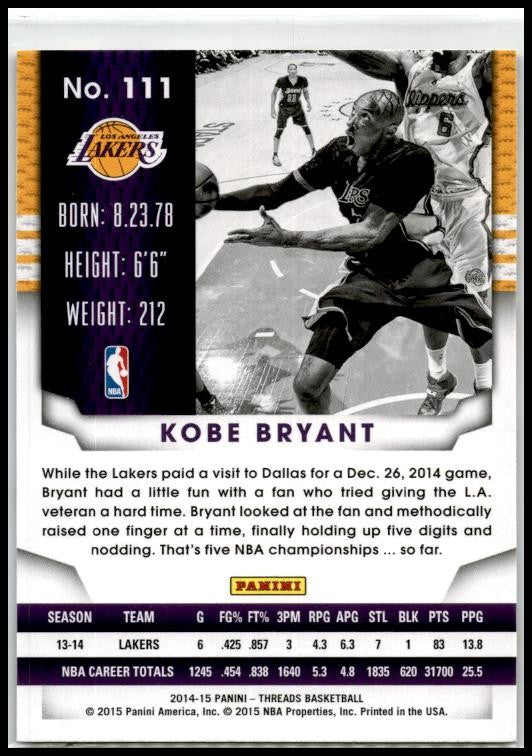 2014-15 Panini Threads #111 Kobe Bryant Los Angeles Lakers