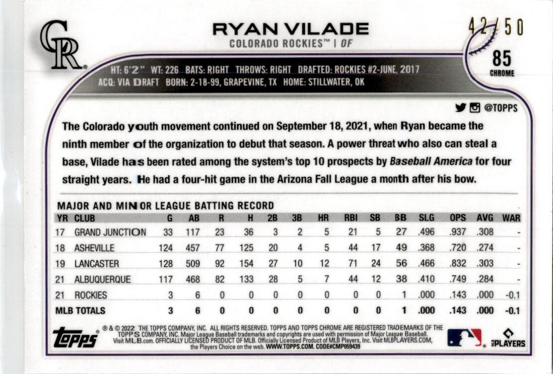 2022 Topps Gold RayWave #586 Ryan Vilade /50 Colorado Rockies