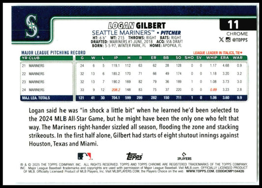 2025 Topps Chrome Sepia #11 Logan Gilbert Seattle Mariners