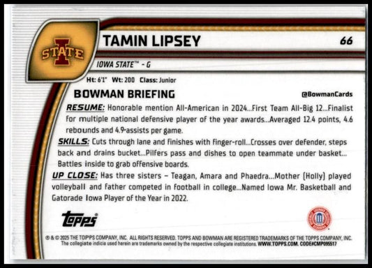 2024-25 Bowman University Chrome Purple Lava Refractor #66 Tamin Lipsey Cyclones