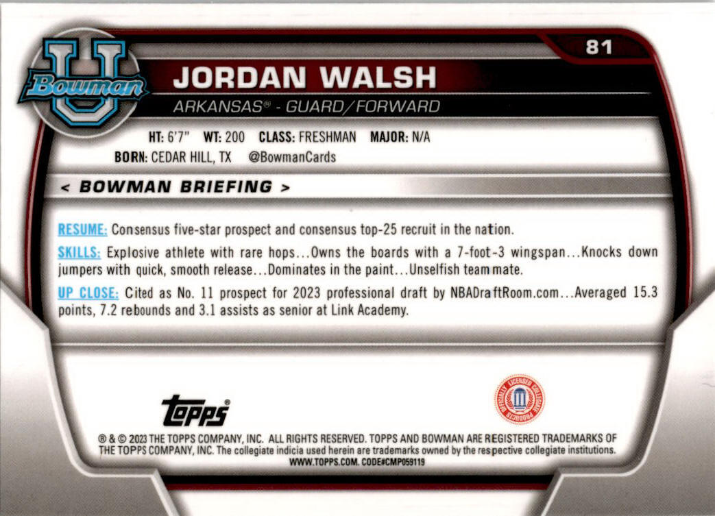 2022-23 Bowman University Chrome #81 Jordan Walsh Arkansas Razorbacks