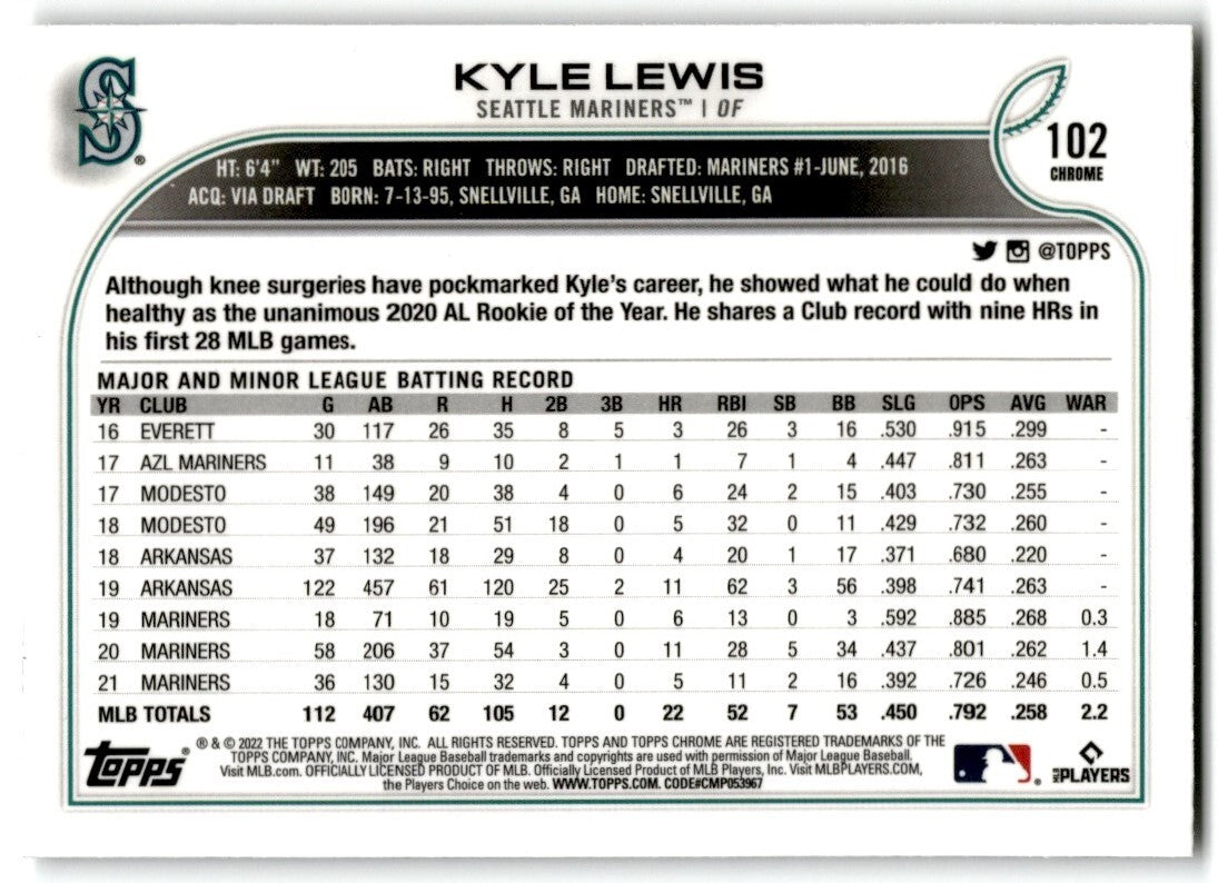 2022 Topps Chrome Kyle Lewis Seattle Mariners #102