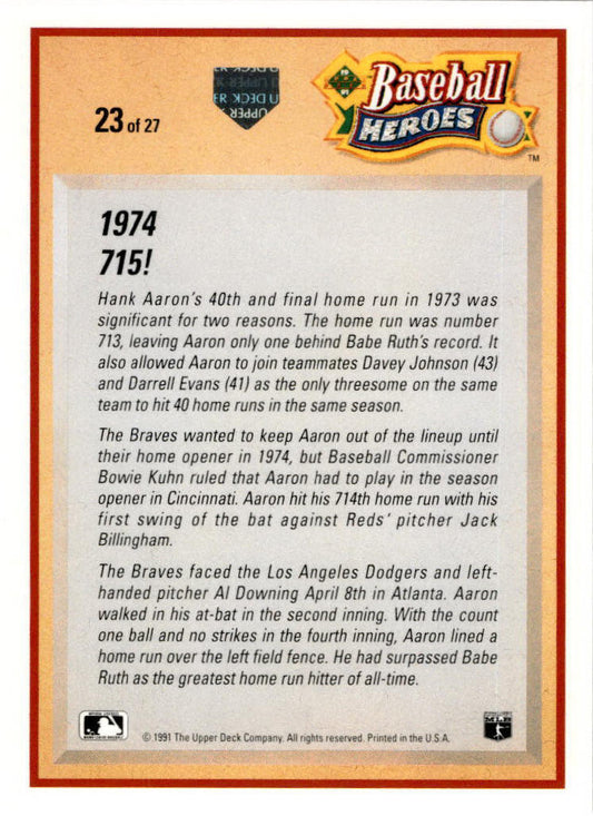 1991 Upper Deck Baseball Heroes: Hank Aaron #23 Hank Aaron Atlanta Braves