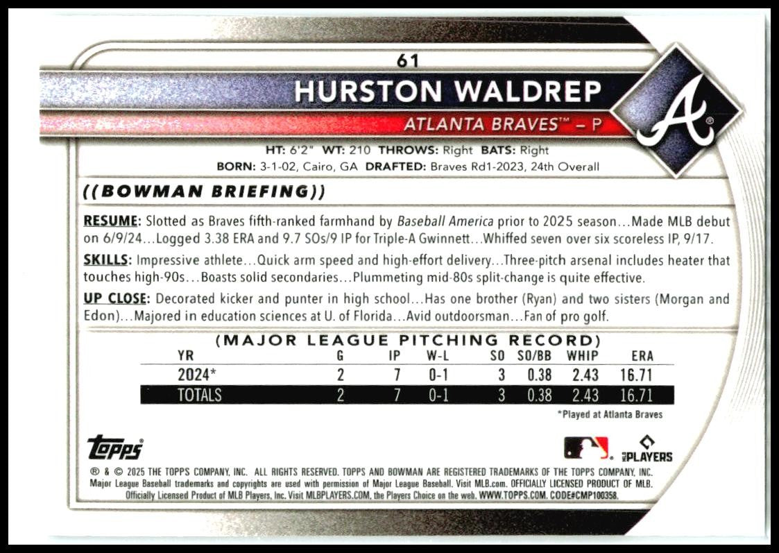 2025 Bowman Bowman Chrome Red Rookie Logo #61 Hurston Waldrep Rookie Braves