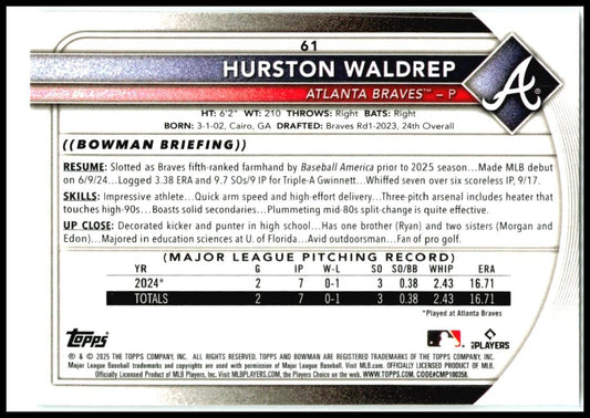 2025 Bowman Bowman Chrome Red Rookie Logo #61 Hurston Waldrep Rookie Braves