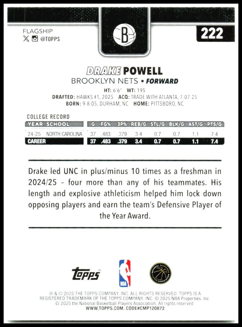 2025-26 Topps #222 Drake Powell Rookie Brooklyn Nets