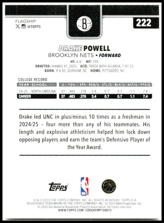 2025-26 Topps #222 Drake Powell Rookie Brooklyn Nets