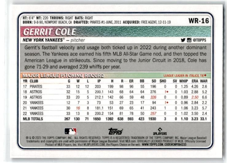 2023 Topps Big League Wrapper Redemption #WR-16 Gerrit Cole New York Yankees