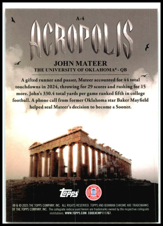 2025 Bowman Chrome University Acropolis #A-4 John Mateer Sooners