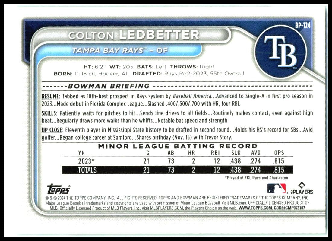 2024 Bowman Prospects Green Pattern #BP-124 Colton Ledbetter #/99 Tampa Bay Rays