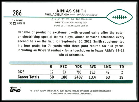 2024 Topps Chrome #286 Ainias Smith Rookie Philadelphia Eagles